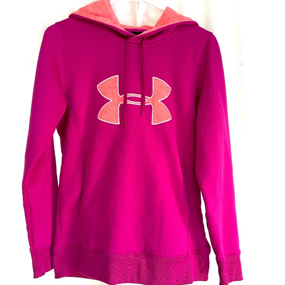 Under Armour Fleece Hoodie Magenta Pink Coral Big Logo Small Pullover Women's - Picture 1 of 4